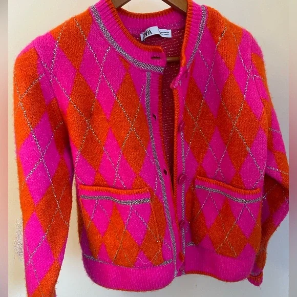 Zara Neon Argyle Button-down Cardigan - Picture 4 of 5
